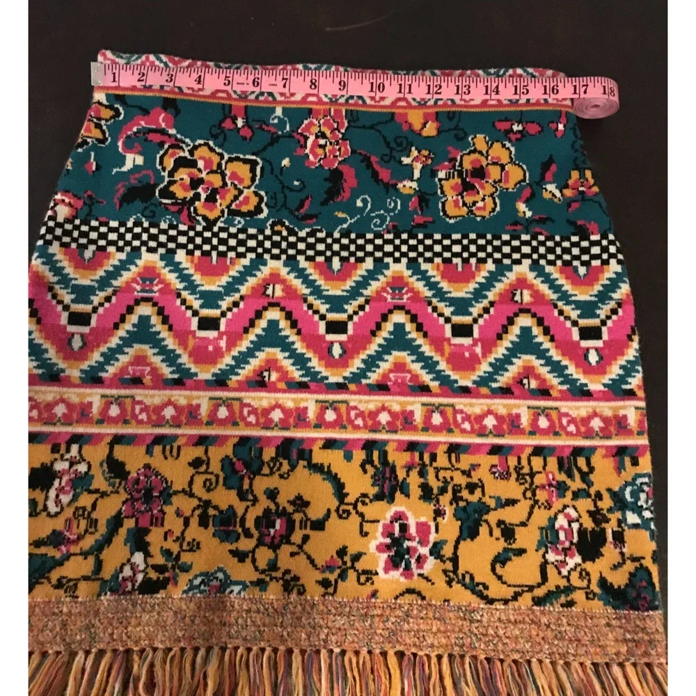 Anthro Fringed Sweater Mini Skirt XL Boho Abstract Print Tassel Hem Knit - Picture 5 of 10